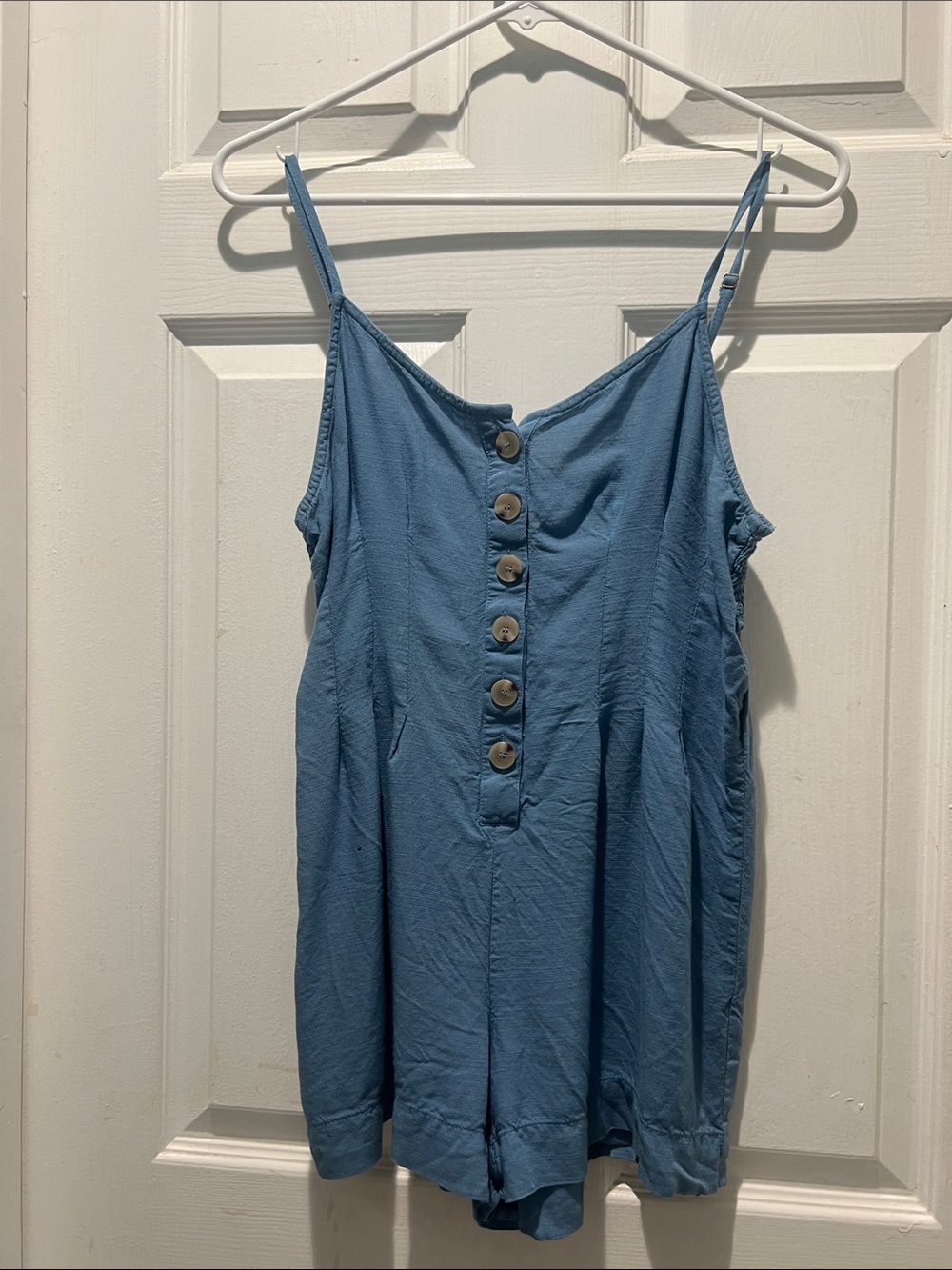 LOFT Light Blue Button-Front Spaghetti Strap Romper